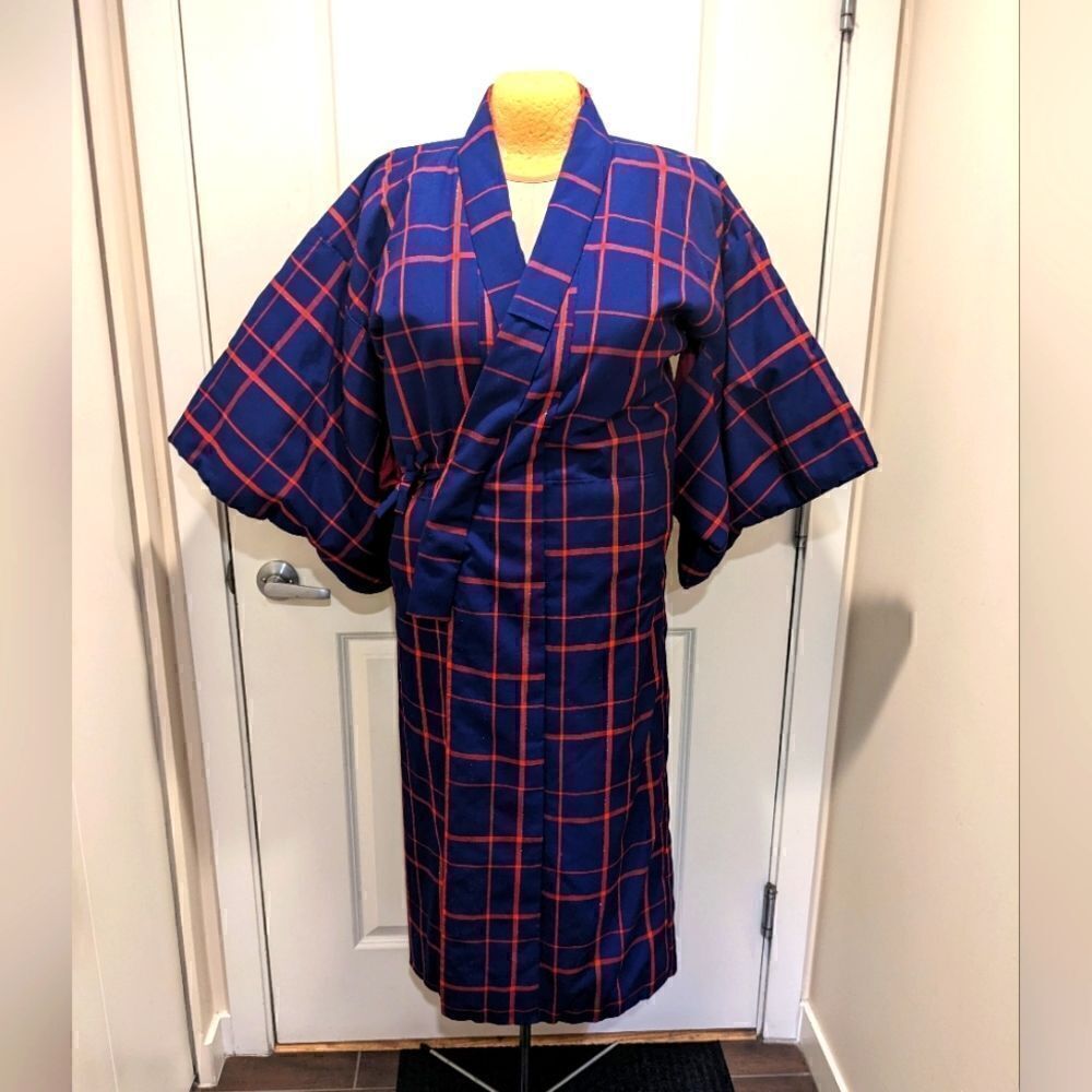 Navy and Red Checkered Women's Kimono
